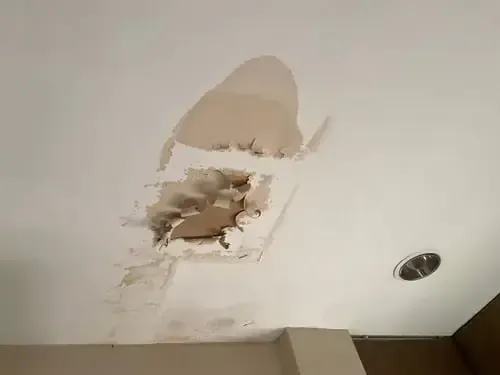 Ceiling opened where water-damaged drywall was removed