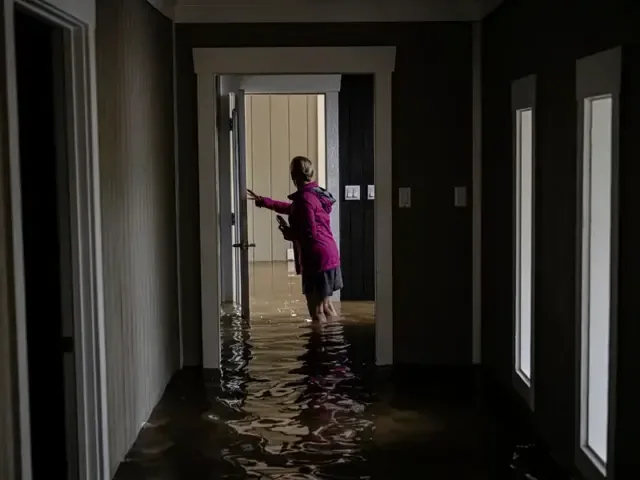 Storm water standing across a home hallway