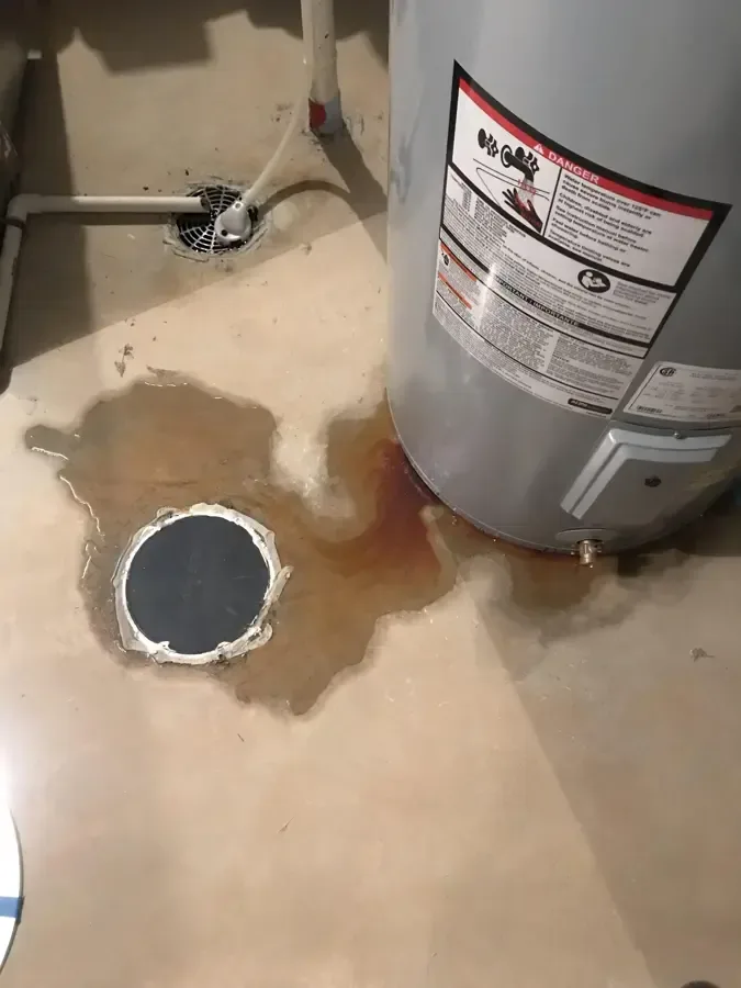 Water pooled around a leaking water heater and floor drain