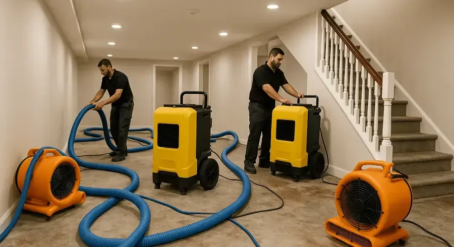 Restoration technicians setting extraction hoses and drying equipment inside a home
